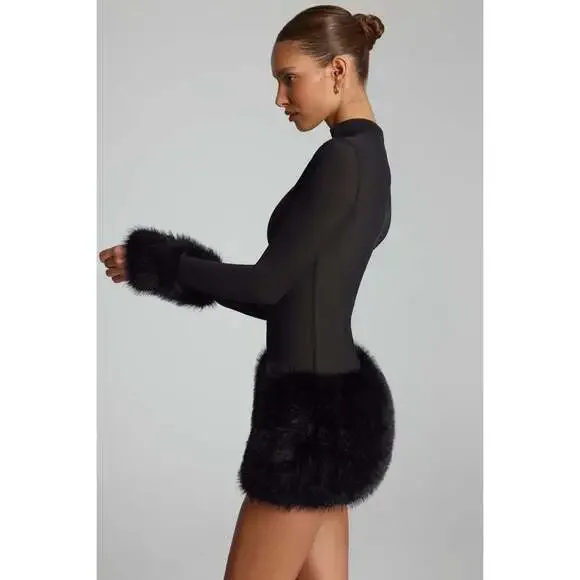 Oh Polly Faux Fur-Trim Turtleneck Mini Dress in Black Size 00 - Picture 3 of 3